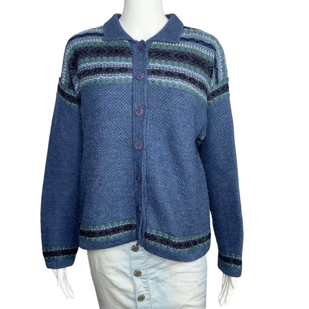 Laura Ashley Vintage Blue 100% Wool Fair Isle Collared Cardigan Sweater Medium